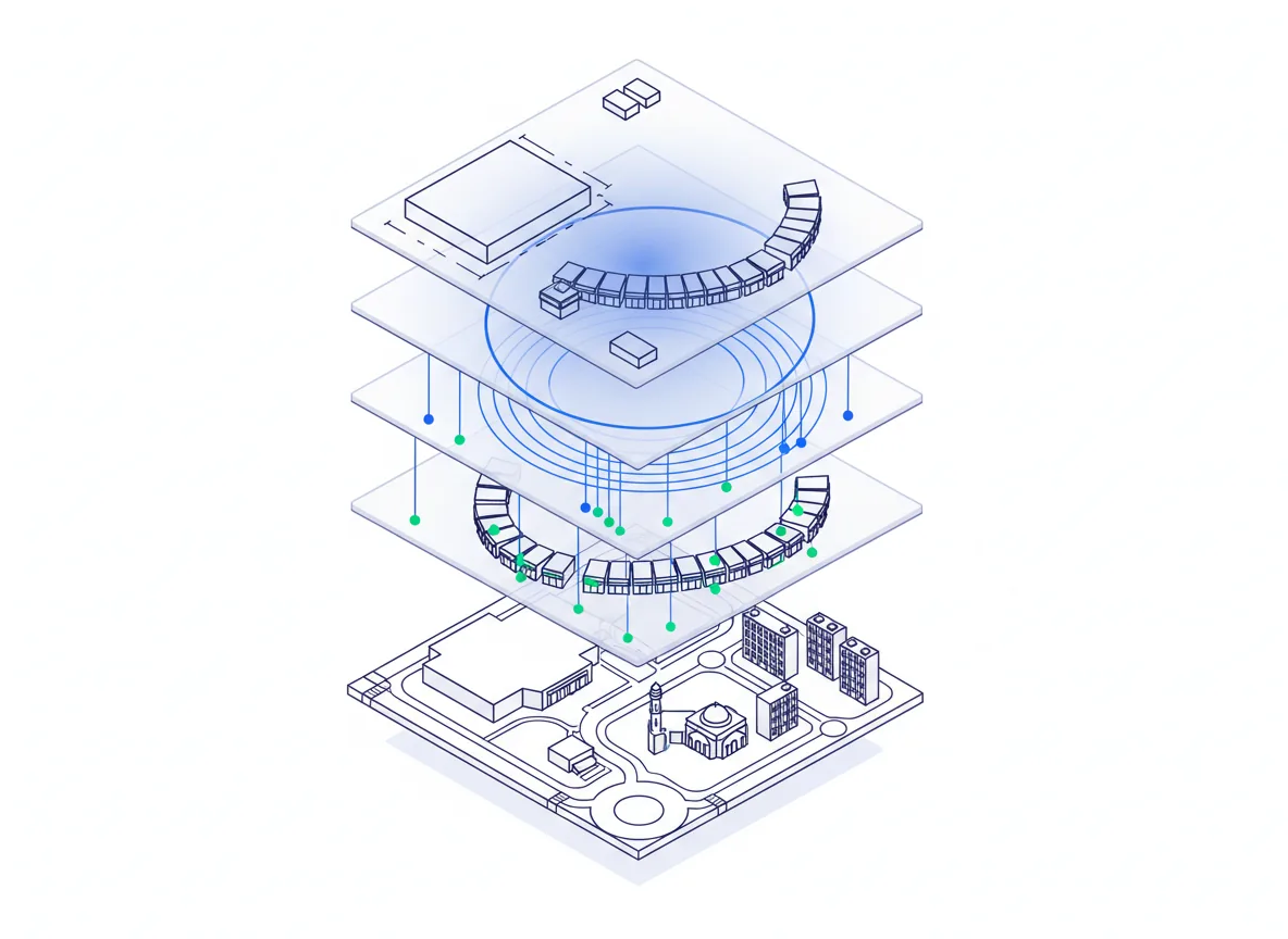 Isometric diagram of one city block built up through stacked GIS layers: building footprints, storefronts, brand-to-operator links, trade area, demographics and real estate